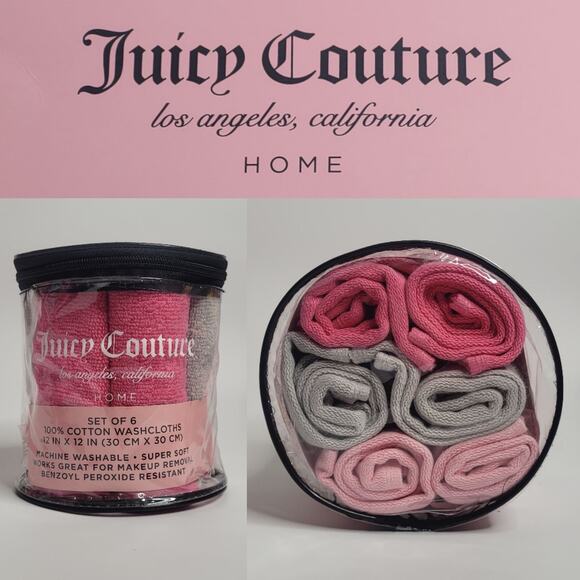 Juicy Couture Pink Gray Cotton 12 X 12 Washcloths Set Of‎ 6 Barbie Cute NIP - Picture 1 of 5